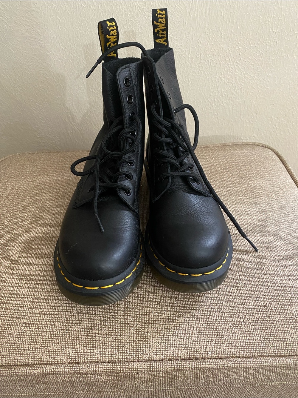 Dr. Martens Black Leather Lace-Up Boots with Yellow Stitching